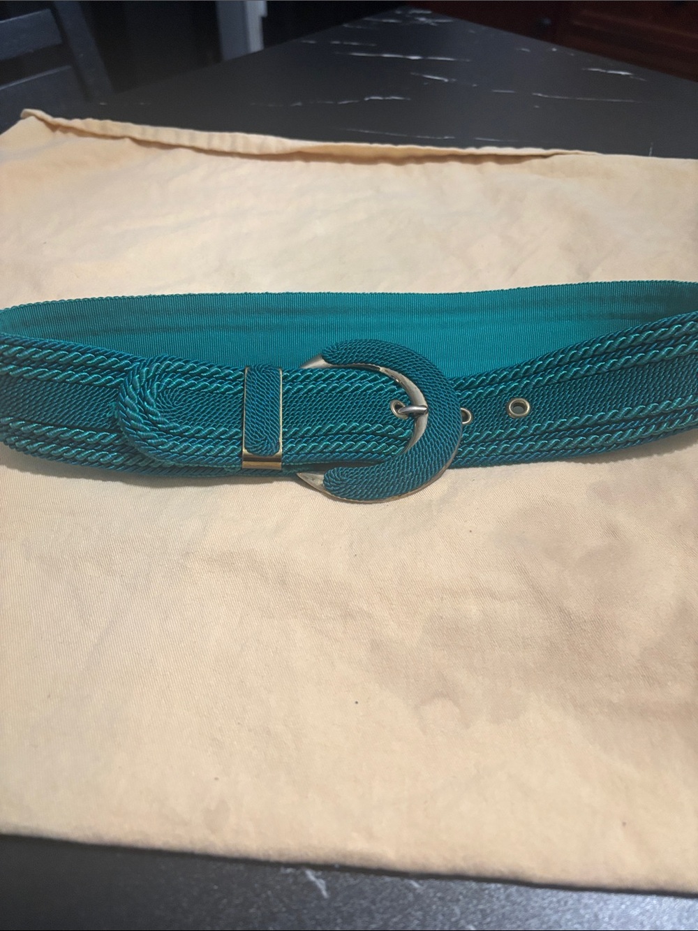 Source Unknown Teal Woven Waist Belt with Round Buckle made in Austria